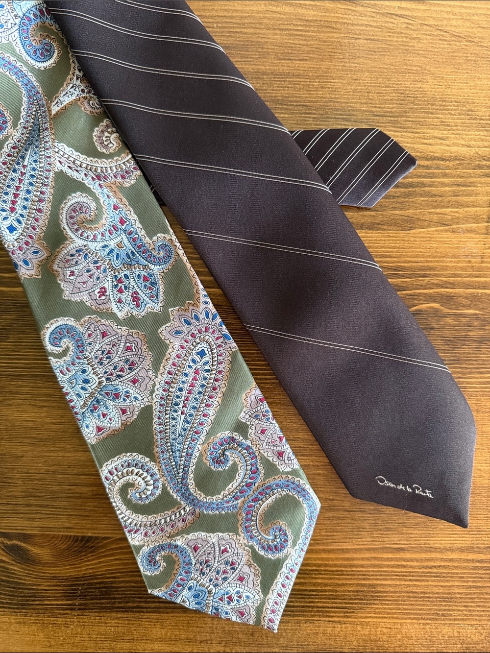Oscar de la Renta Olive Paisley Silk Tie and Brown Striped Silk Tie